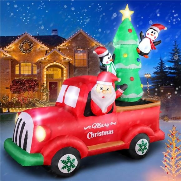 7 FT Christmas Inflatable Santa Claus Driving Red Truck with Built-in Lights - Picture 1 of 6